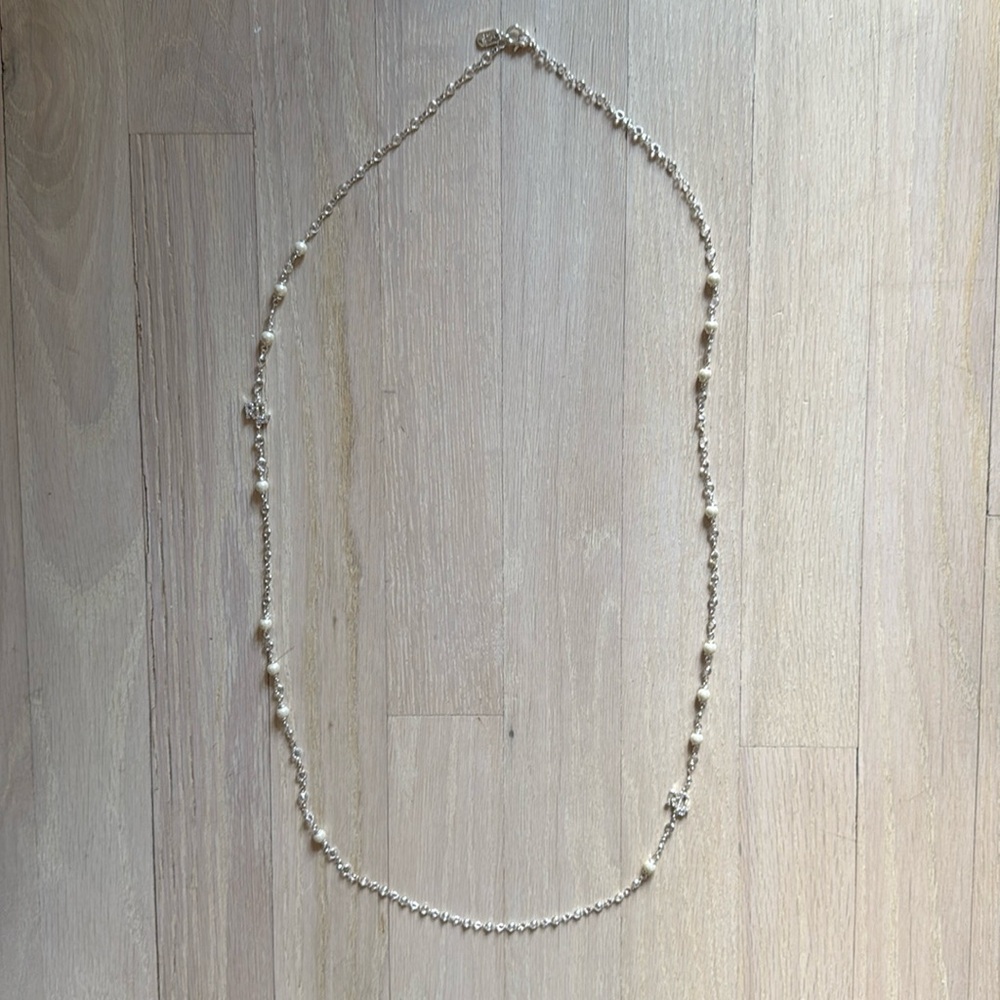 NEW Lauren Ralph Lauren silvertone Pave faux Pearl logo charm 42" Necklace